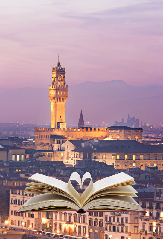 Collage di paesaggi toscani e libri di Aska Edizioni, esplorando storia e bellezza della Toscana attraverso la letteratura