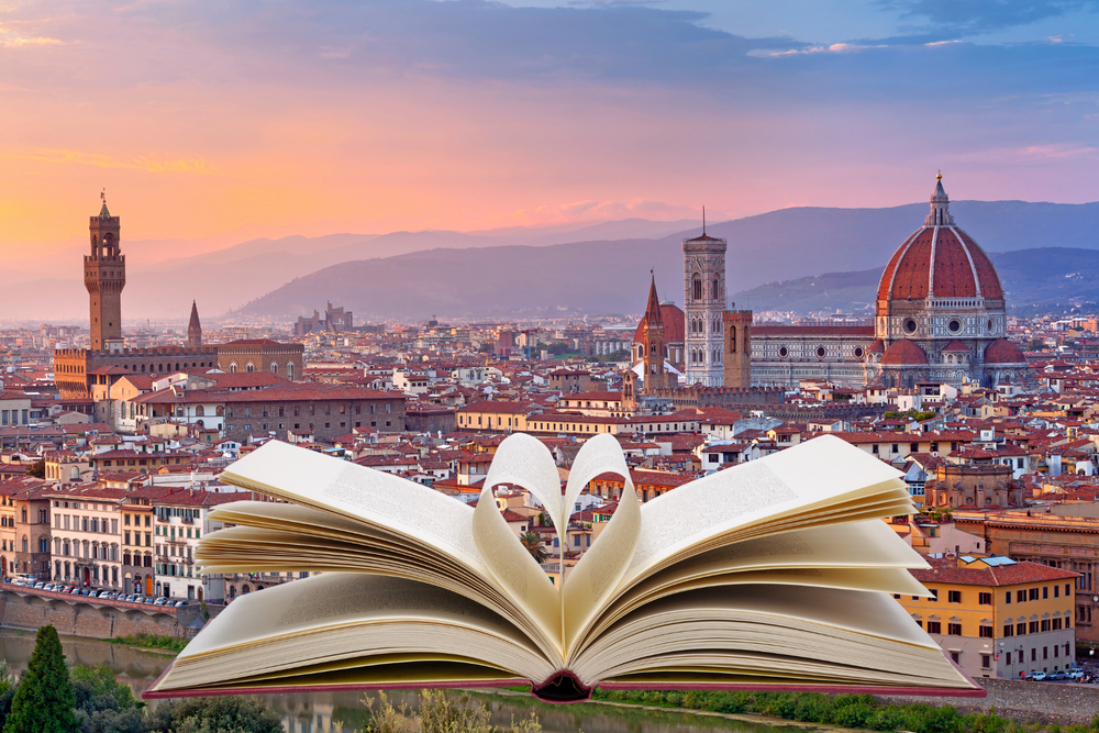 Collage di paesaggi toscani e libri di Aska Edizioni, esplorando storia e bellezza della Toscana attraverso la letteratura